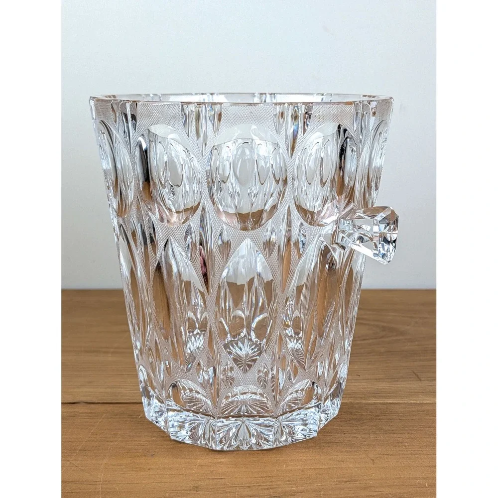 Vintage Heavy Lead Crystal Ice Bucket Diamond Thumbprint Cut Glass 9